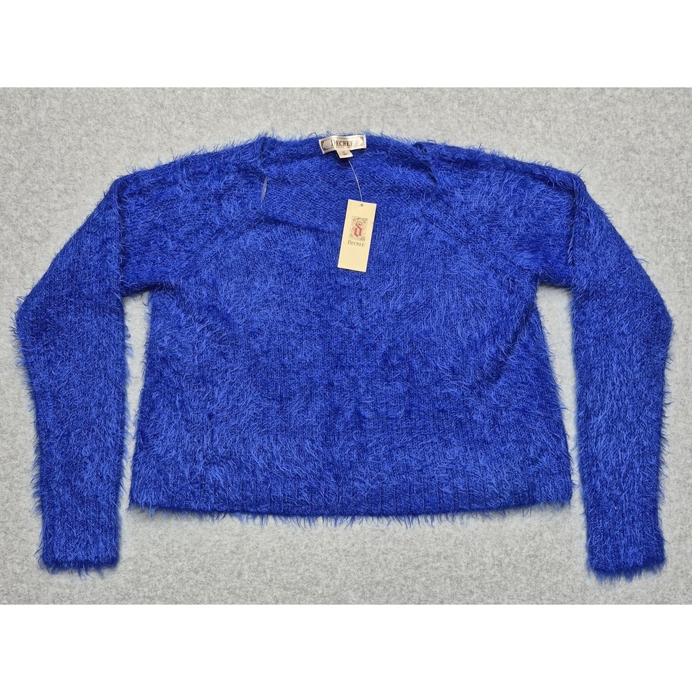 Decree Sweater Womens XL Blue Fuzzy Eyelash Knit Cropped Pullover Y2K NWT